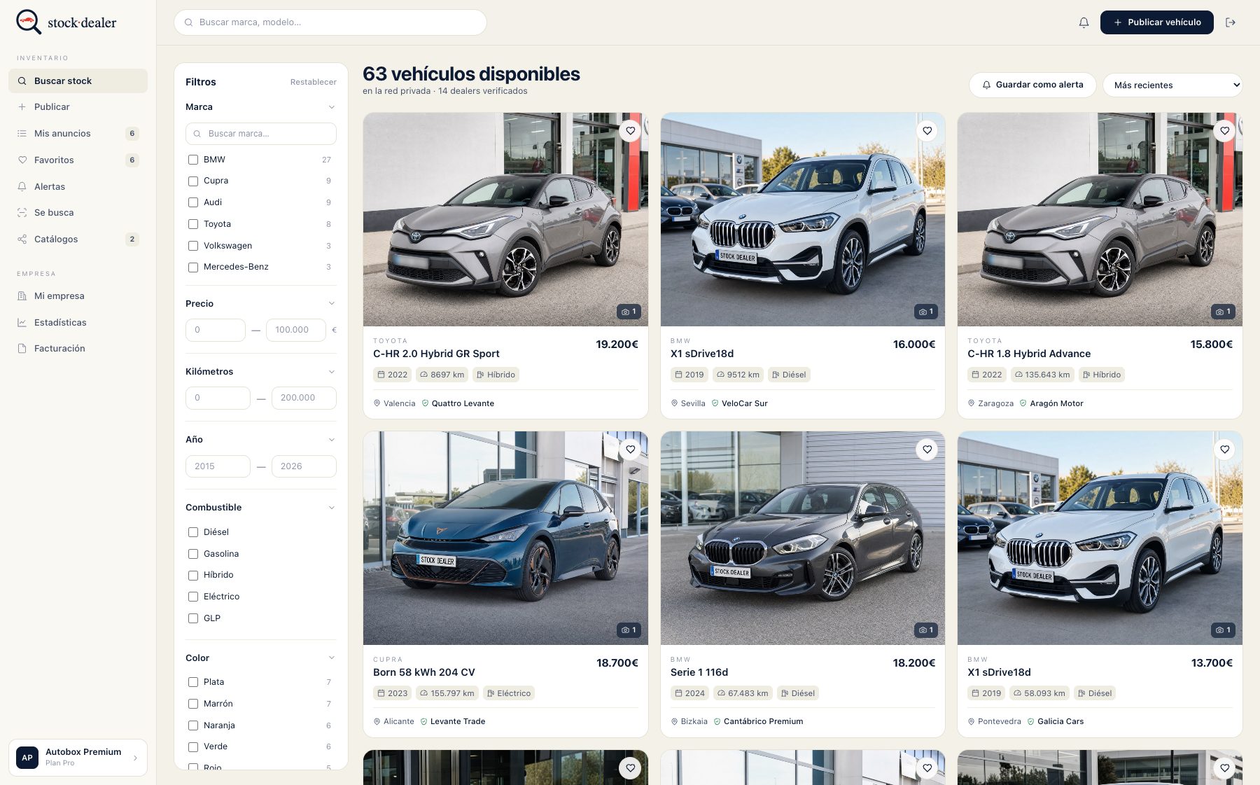 Buscador de stock de Stock Dealer con filtros por marca, precio, kilómetros y provincia