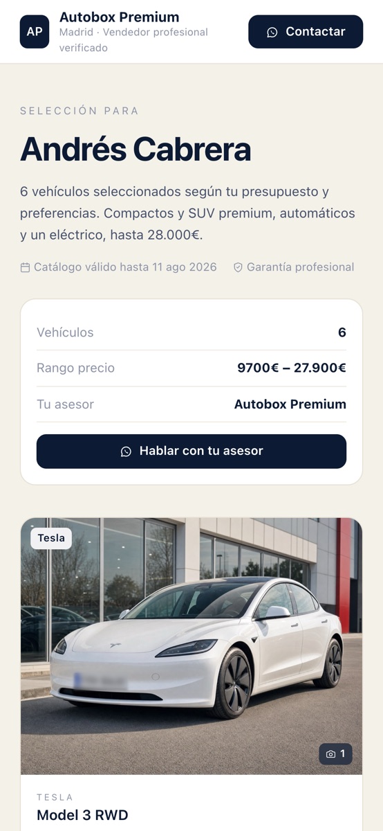 Catálogo privado para cliente final con la marca del dealer, sin rastro de Stock Dealer — versión móvil