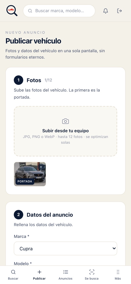 Pantalla de publicación de Stock Dealer: fotos y datos del vehículo en un solo paso — versión móvil